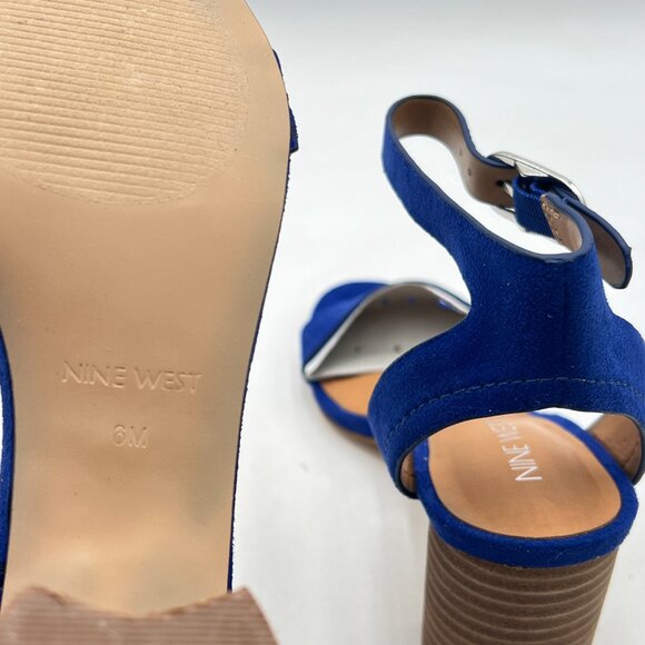 NINE WEST Blue Open Toe Ankle Strap Sandals Chunky Heels Buckle Dance Shoes - Picture 5 of 7